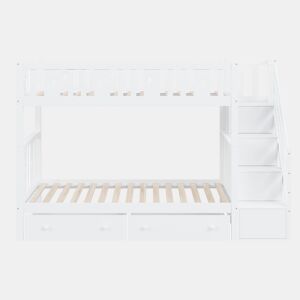 Beliche 90 x 200 cm - Madeira maciça, escada de segurança, escada com arrumação, 2 gavetas - Branco