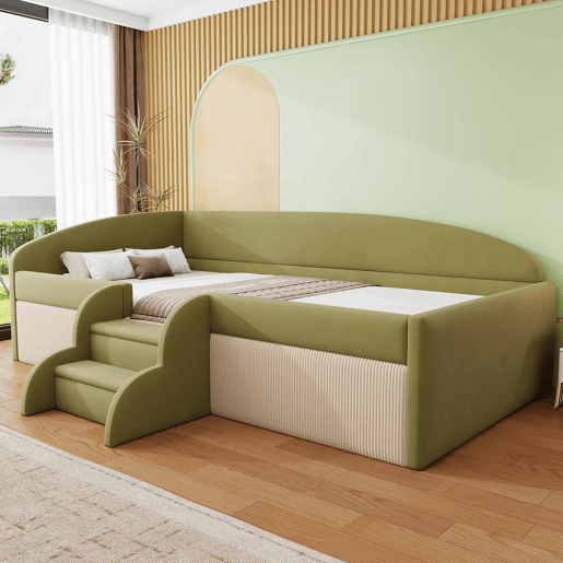 Cama multifuncional 90x190cm - Com escadas e barreiras - Veludo macio - Verde escuro + Branco creme