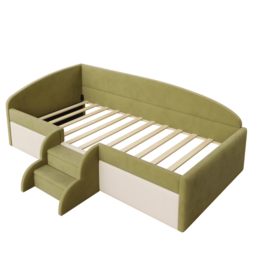 Cama multifuncional 90x190cm - Com escadas e barreiras - Veludo macio - Verde escuro + Branco creme