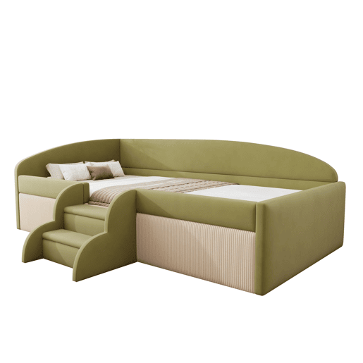 Cama multifuncional 90x190cm - Com escadas e barreiras - Veludo macio - Verde escuro + Branco creme