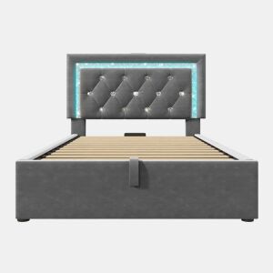 Cama individual 90x200 cm - Veludo, LED na cabeceira, USB e Type-C, armazenamento hidráulico - Cinza
