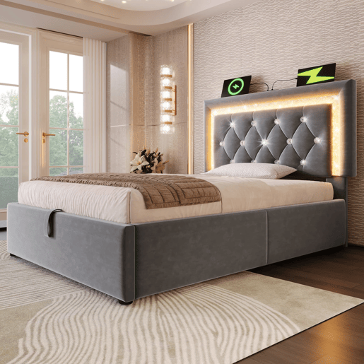 Cama individual 90x200 cm - Veludo, LED na cabeceira, USB e Type-C, armazenamento hidráulico - Cinza