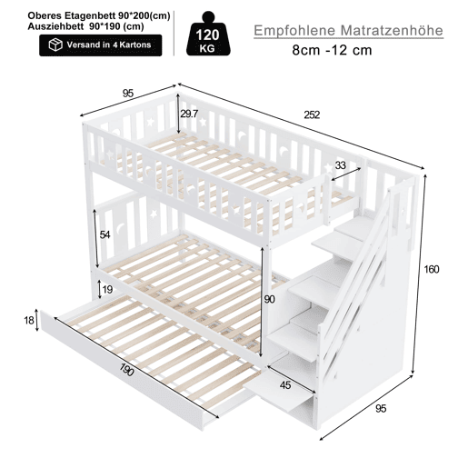 Cama beliche infantil 90x200 cm - Cama extraível, escada de segurança, branca