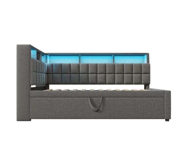 Cama individual 90x200 - con cama extra, led, altavoz bluetooth, usb/type-c, estante - gris