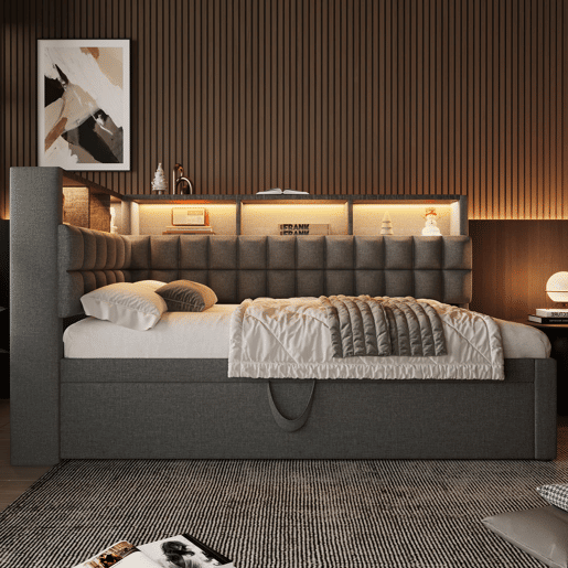 Cama individual 90x200 - com cama extra, LED, altifalante Bluetooth, USBType-C, prateleira - Cinza