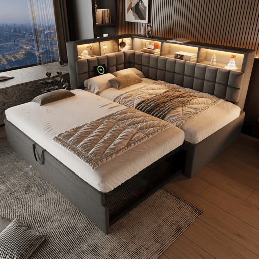 Cama individual 90x200 - com cama extra, LED, altifalante Bluetooth, USBType-C, prateleira - Cinza