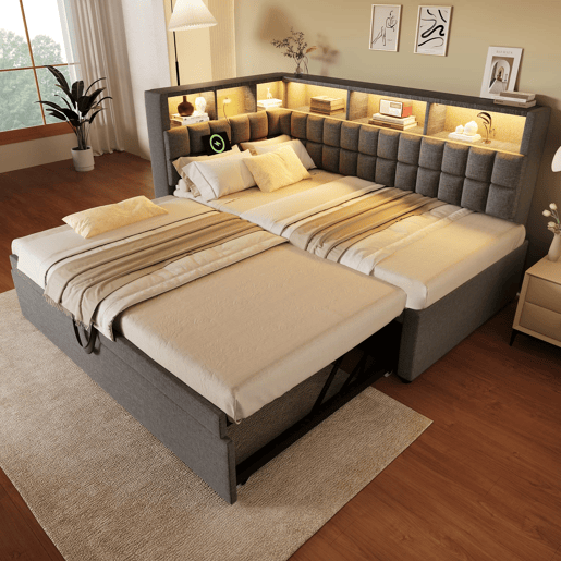 Cama individual 90x200 - com cama extra, LED, altifalante Bluetooth, USBType-C, prateleira - Cinza