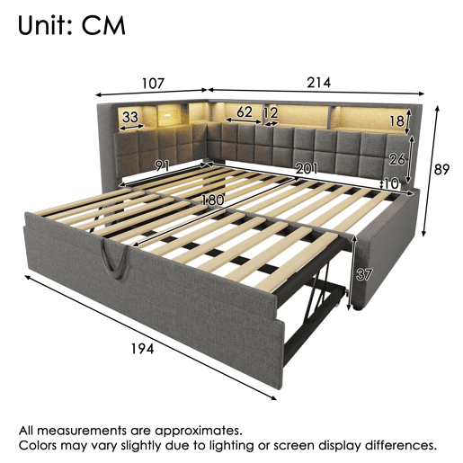 Cama individual 90x200 - com cama extra, LED, altifalante Bluetooth, USBType-C, prateleira - Cinza