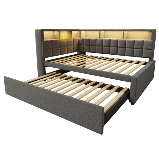 Cama individual 90x200 - com cama extra, LED, altifalante Bluetooth, USBType-C, prateleira - Cinza
