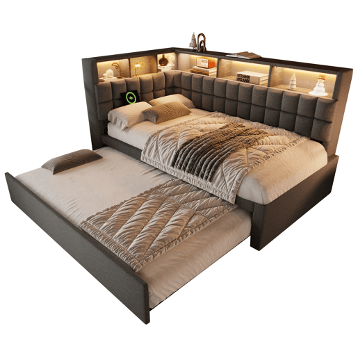 Cama individual 90x200 - com cama extra, LED, altifalante Bluetooth, USBType-C, prateleira - Cinza