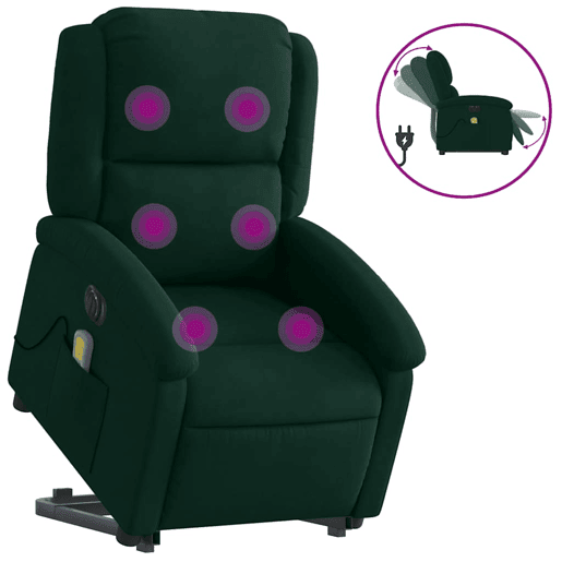 Poltrona massagens elevatória elétrica veludo verde-escuro
