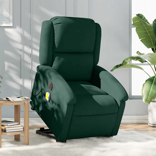 Poltrona massagens elevatória elétrica veludo verde-escuro