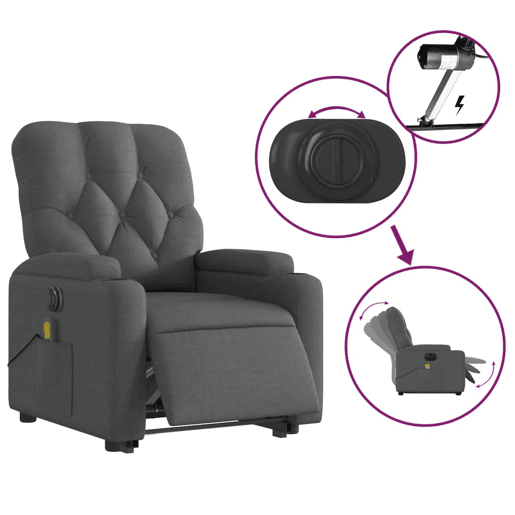 Poltrona elétrica elevatória massagens - Poltrona relax tecido cinzento-escuro