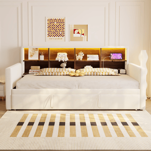 Sofá-cama 90x190 cm - Cabeceira com arrumação, LED, tomada de carregamento, com cama extraível - Bege