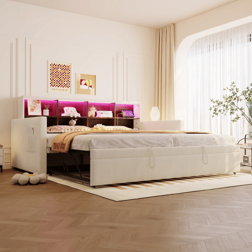 Sofá-cama 90x190 cm - Cabeceira com arrumação, LED, tomada de carregamento, com cama extraível - Bege