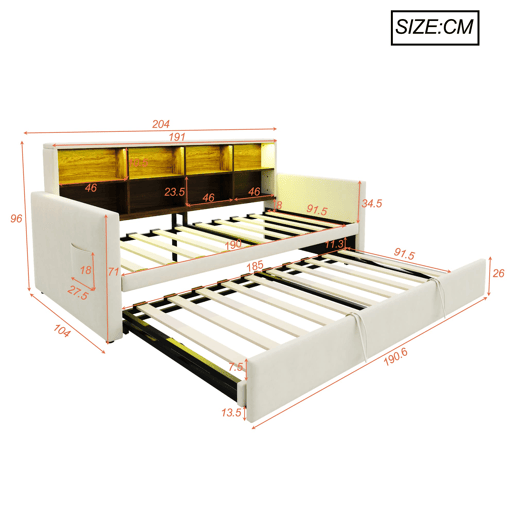 Sofá-cama 90x190 cm - Cabeceira com arrumação, LED, tomada de carregamento, com cama extraível - Bege
