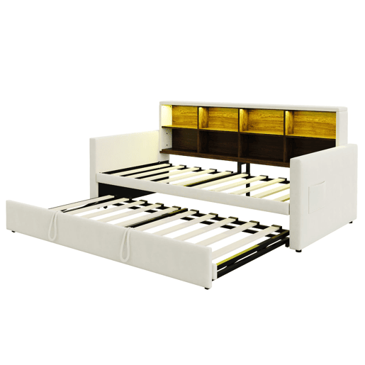 Sofá-cama 90x190 cm - Cabeceira com arrumação, LED, tomada de carregamento, com cama extraível - Bege