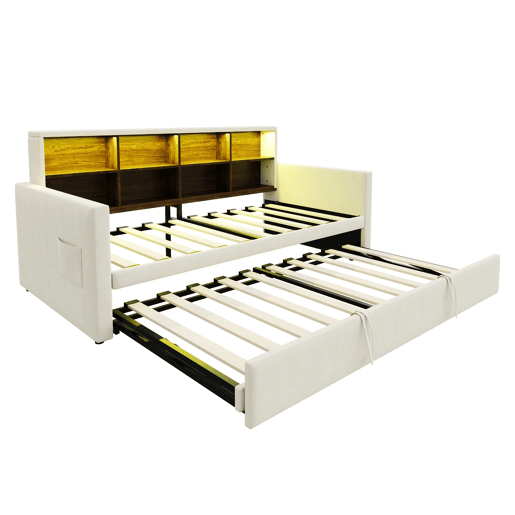 Sofá-cama 90x190 cm - Cabeceira com arrumação, LED, tomada de carregamento, com cama extraível - Bege