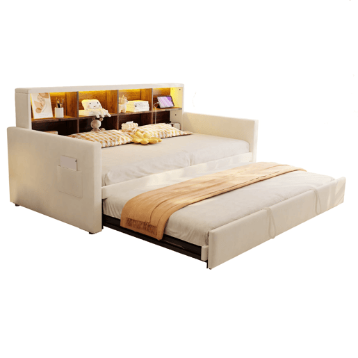 Sofá-cama 90x190 cm - Cabeceira com arrumação, LED, tomada de carregamento, com cama extraível - Bege