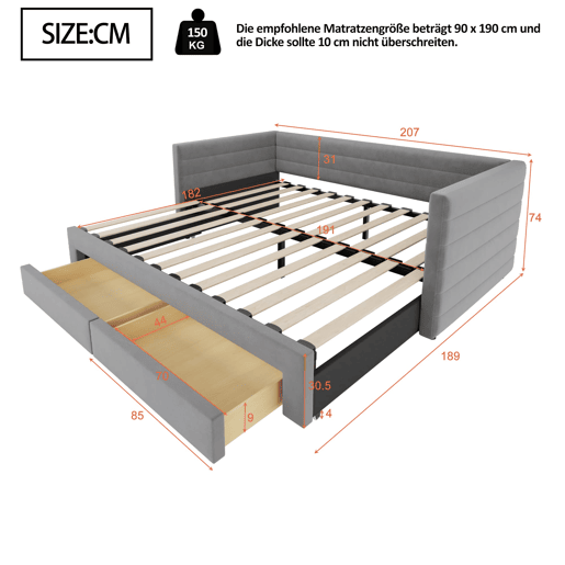 Sofá-cama 90x190 cm - Multifuncional, com arrumação, convertível em cama individualdupla - Cinza
