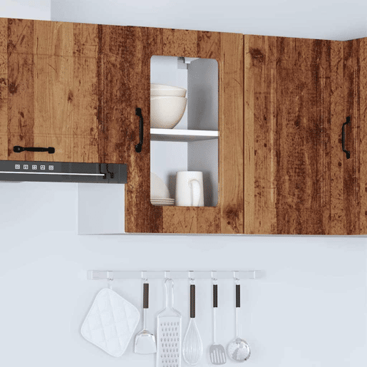 Armário de parede de cozinha - Cozinha modular porta vidro madeira velha