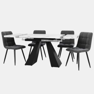 Conjunto de sala de jantar de 5 peças - Mesa extensível em mármore (para 4 pessoas) - Cadeiras em veludo cinza - Branco