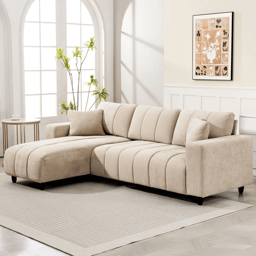HOMCOM Sofá Chaise Longue Reversível Sofá de Canto em Forma de L de 3 Lugares 2 Almofadas Estofado em Linho Estrutura de Aço para Sala de Estar 242x156x87 cm Bege