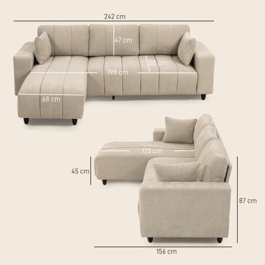 HOMCOM Sofá Chaise Longue Reversível Sofá de Canto em Forma de L de 3 Lugares 2 Almofadas Estofado em Linho Estrutura de Aço para Sala de Estar 242x156x87 cm Bege