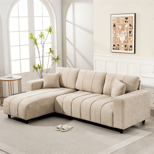 HOMCOM Sofá Chaise Longue Reversível Sofá de Canto em Forma de L de 3 Lugares 2 Almofadas Estofado em Linho Estrutura de Aço para Sala de Estar 242x156x87 cm Bege
