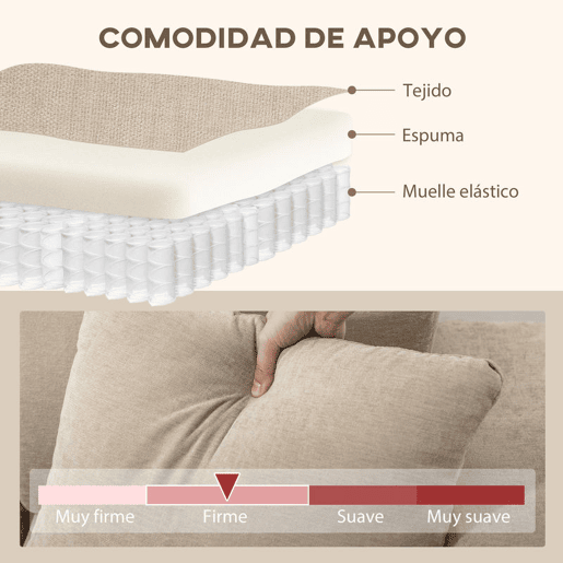 HOMCOM Sofá Chaise Longue Reversível Sofá de Canto em Forma de L de 3 Lugares 2 Almofadas Estofado em Linho Estrutura de Aço para Sala de Estar 242x156x87 cm Bege