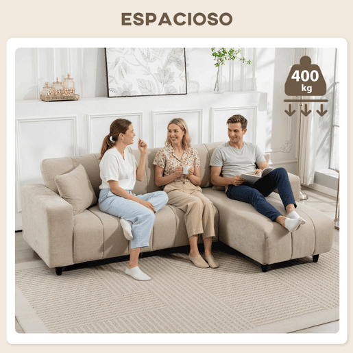 HOMCOM Sofá Chaise Longue Reversível Sofá de Canto em Forma de L de 3 Lugares 2 Almofadas Estofado em Linho Estrutura de Aço para Sala de Estar 242x156x87 cm Bege