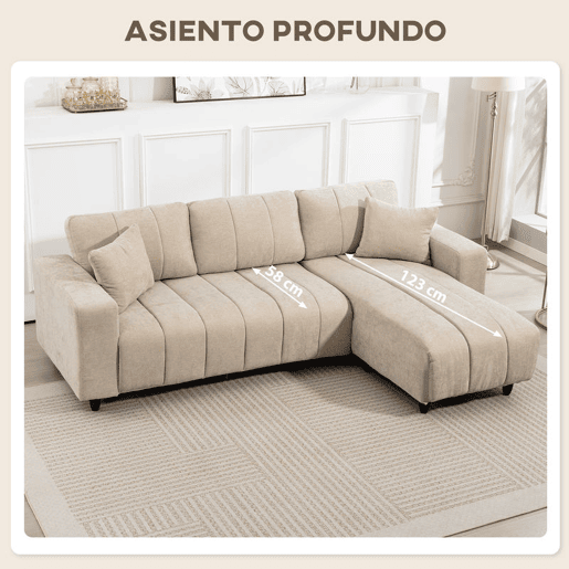 HOMCOM Sofá Chaise Longue Reversível Sofá de Canto em Forma de L de 3 Lugares 2 Almofadas Estofado em Linho Estrutura de Aço para Sala de Estar 242x156x87 cm Bege