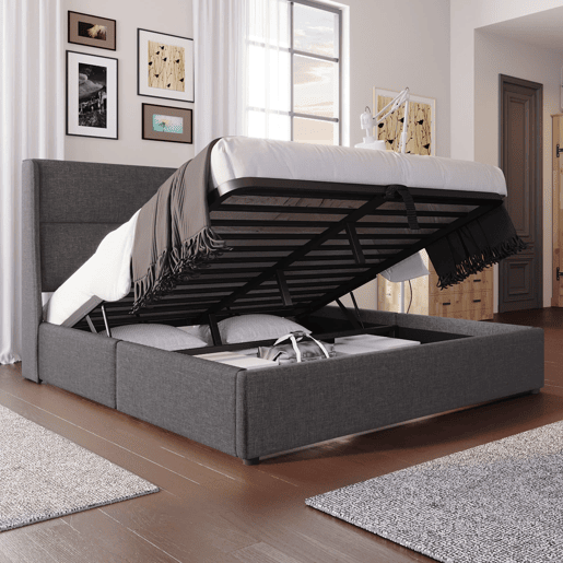 Cama estofada 160x200 cm - Cabeceiras ajustáveis, canapé hidráulico com arrumação, cinzento
