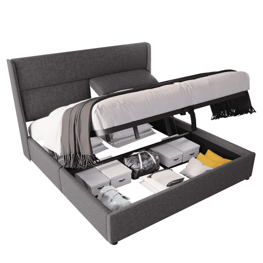 Cama estofada 160x200 cm - Cabeceiras ajustáveis, canapé hidráulico com arrumação, cinzento