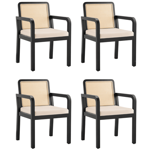 Cadeira de jantar em veludo (4 peças) - ergonómica, encosto em rattan, pernas em madeira de borracha - preta