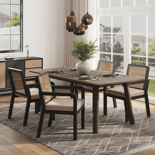 Cadeira de jantar em veludo (4 peças) - ergonómica, encosto em rattan, pernas em madeira de borracha - preta