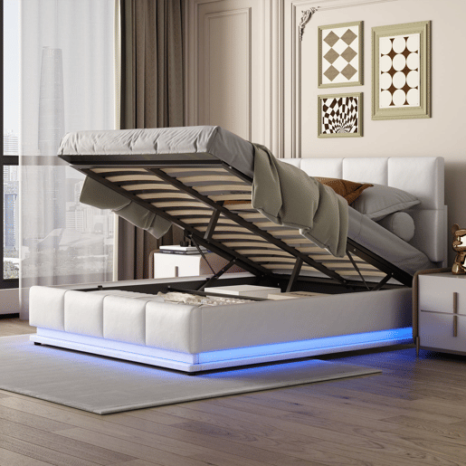 Cama estofada 140x200 cm - LED, armazenamento hidráulico, cama de casal, branca