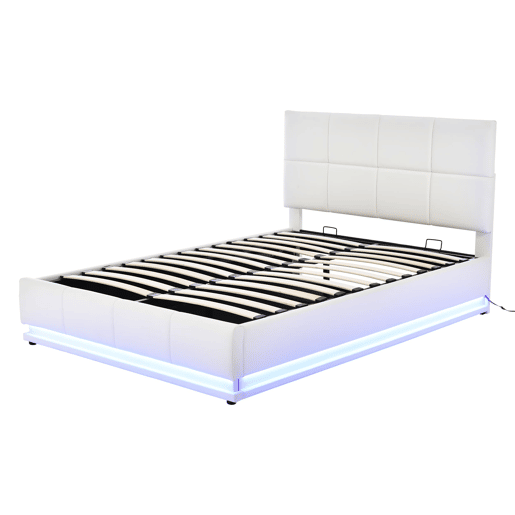 Cama estofada 140x200 cm - LED, armazenamento hidráulico, cama de casal, branca
