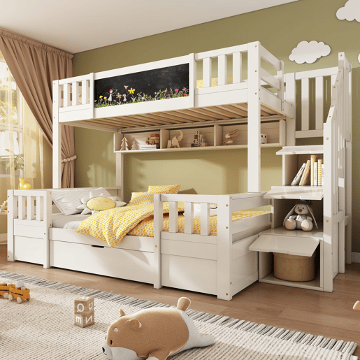 Beliche triplo 90x200 e 140x200 - Madeira maciça, ardósia, escada com arrumação, 2 gavetas - Branco