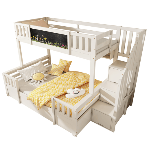 Beliche triplo 90x200 e 140x200 - Madeira maciça, ardósia, escada com arrumação, 2 gavetas - Branco