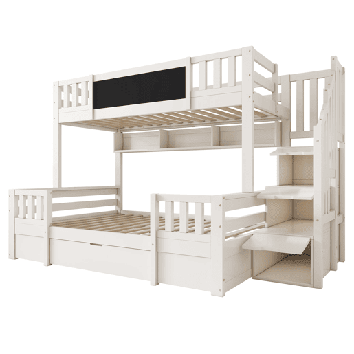 Beliche triplo 90x200 e 140x200 - Madeira maciça, ardósia, escada com arrumação, 2 gavetas - Branco