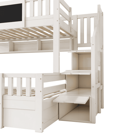 Beliche triplo 90x200 e 140x200 - Madeira maciça, ardósia, escada com arrumação, 2 gavetas - Branco