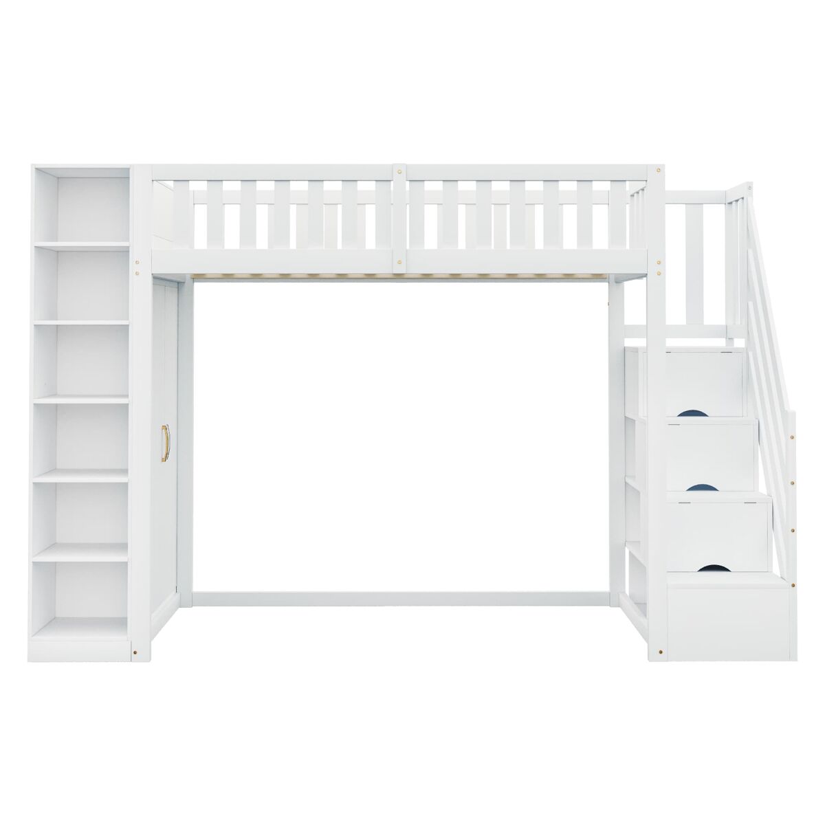 cama alta multifuncional 90x200 cm - con estanterias armario de almacenamiento y armario grande - blanca