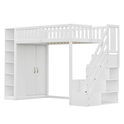 Cama alta multifuncional 90x200 cm - com prateleiras, armário de arrumação e armário grande - branca