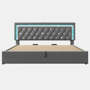 Cama estofada 180x200 cm - LED, USB e Type-C, armazenamento hidráulico - Cinza