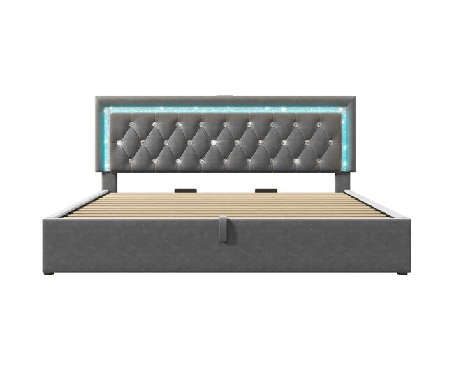 Cama tapizada 180x200 cm - led, usb y type-c, almacenamiento hidráulico - gris