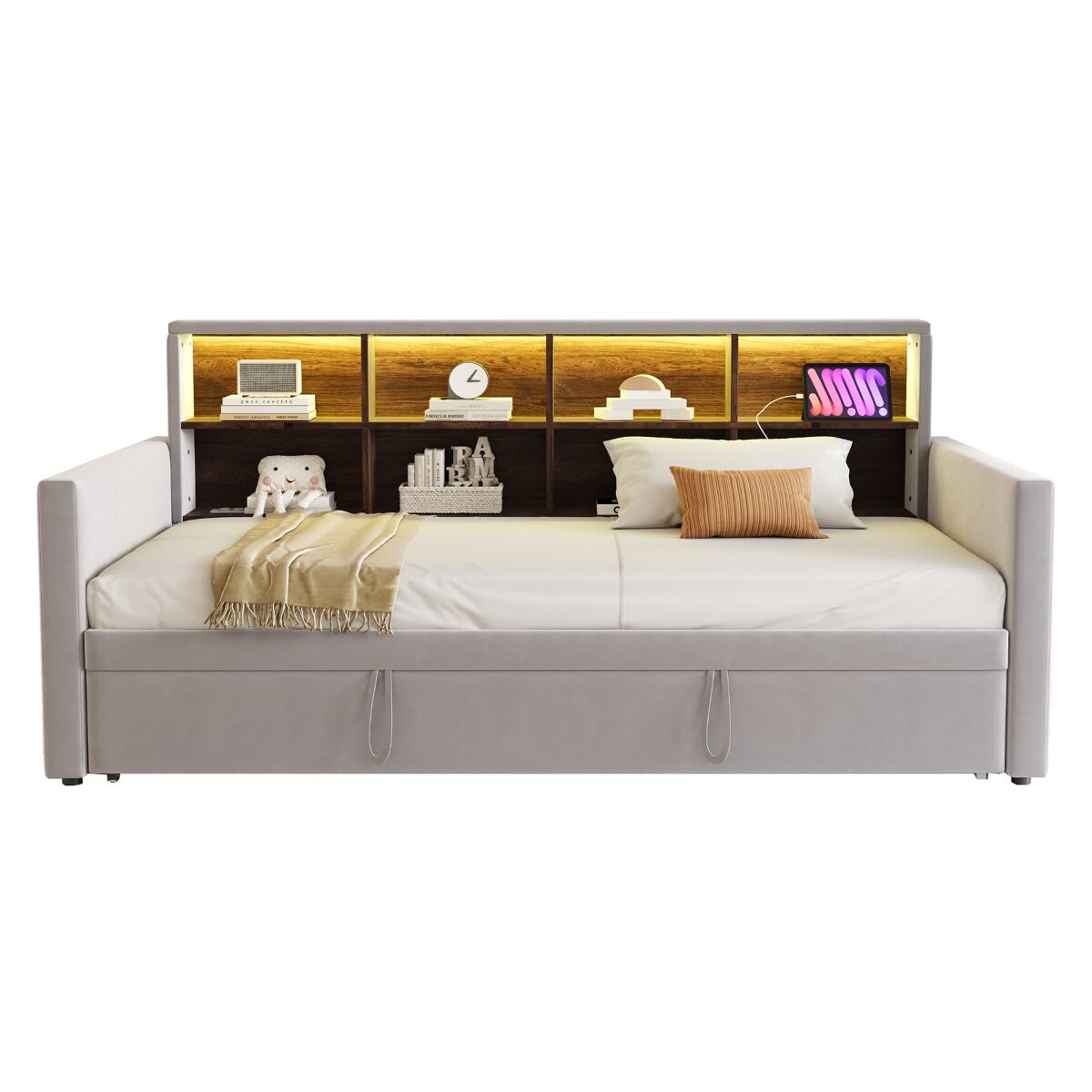 Sofá cama 90x190 cm - cabezal con almacenamiento, luz led, enchufes, cama extensible, tapizado de terciopelo - gris claro