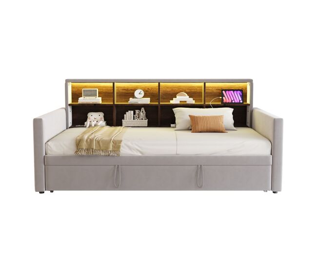 Sofá cama 90x190 cm - cabezal con almacenamiento, luz led, enchufes, cama extensible, tapizado de terciopelo - gris claro