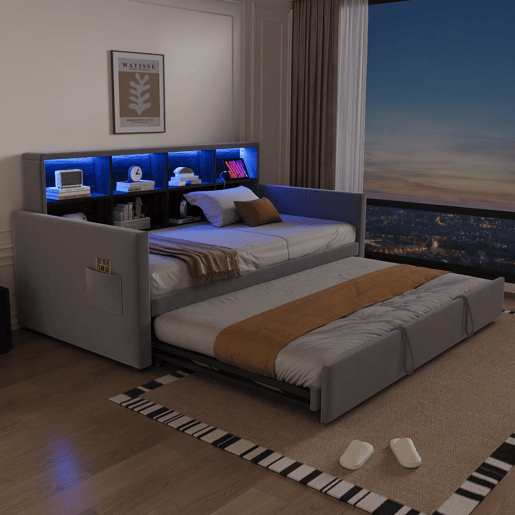 Sofá-cama 90x190 cm - Cabeceira com arrumação, luz LED, tomadas, cama extensível, estofamento em veludo - Cinza claro