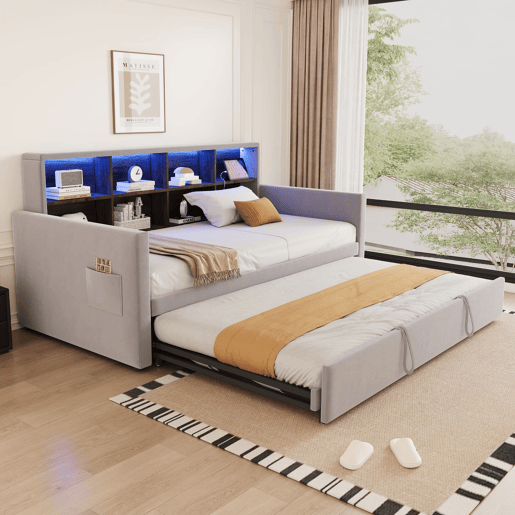 Sofá-cama 90x190 cm - Cabeceira com arrumação, luz LED, tomadas, cama extensível, estofamento em veludo - Cinza claro